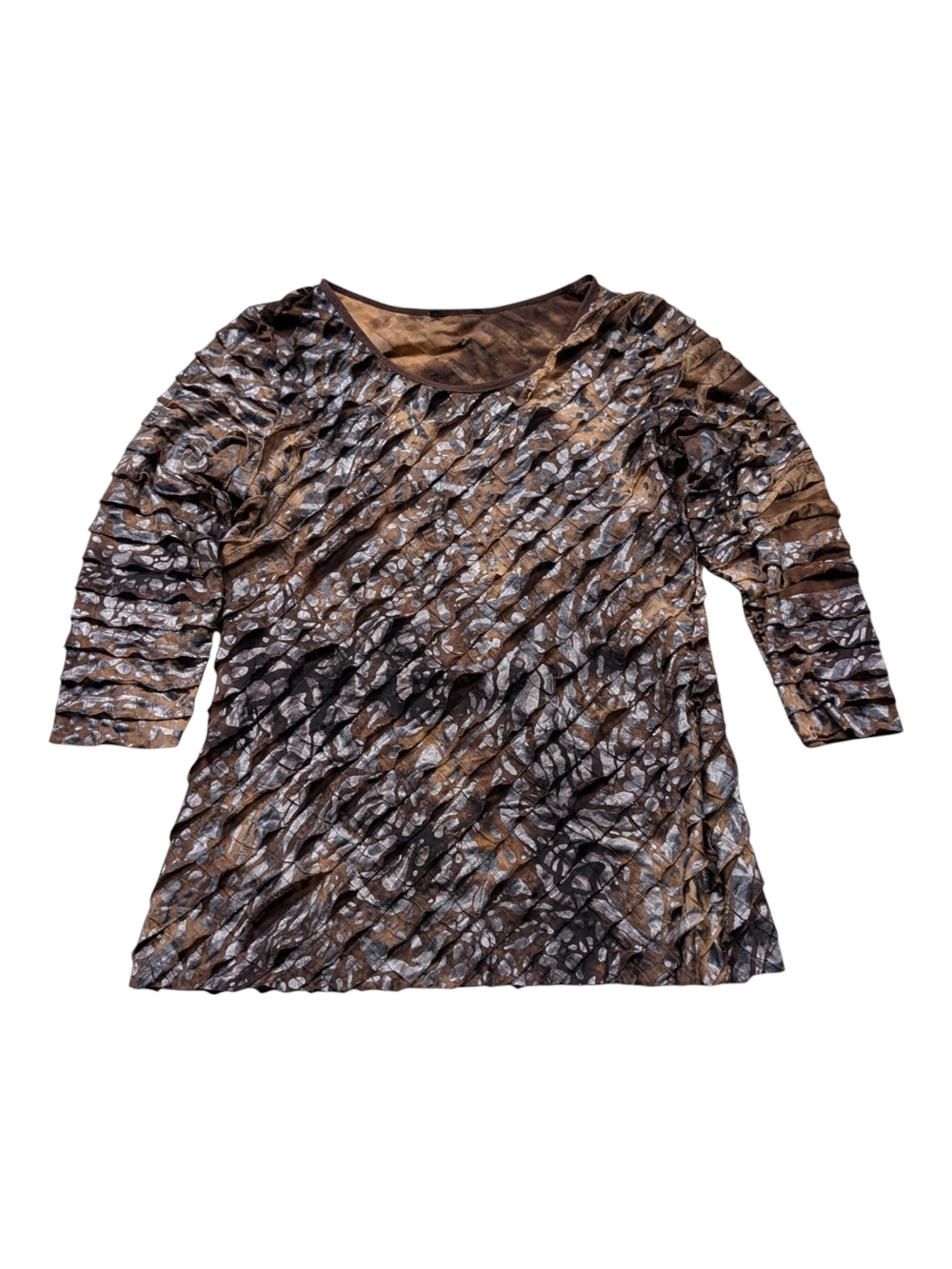 Crinkle Pleated Diagonal Top Brown Bronze Silver Boho Luxe